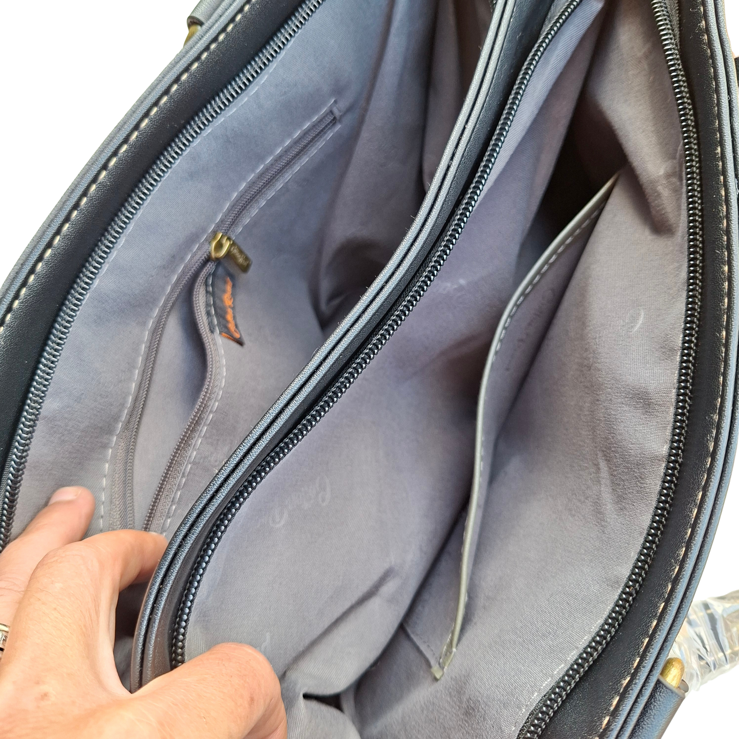 Cotton Road Handbag: BLACK PU Leather Double Compartment Handbag with EMBOSSED Protea