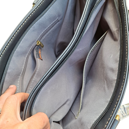 Cotton Road Handbag: BLACK PU Leather Double Compartment Handbag with EMBOSSED Protea