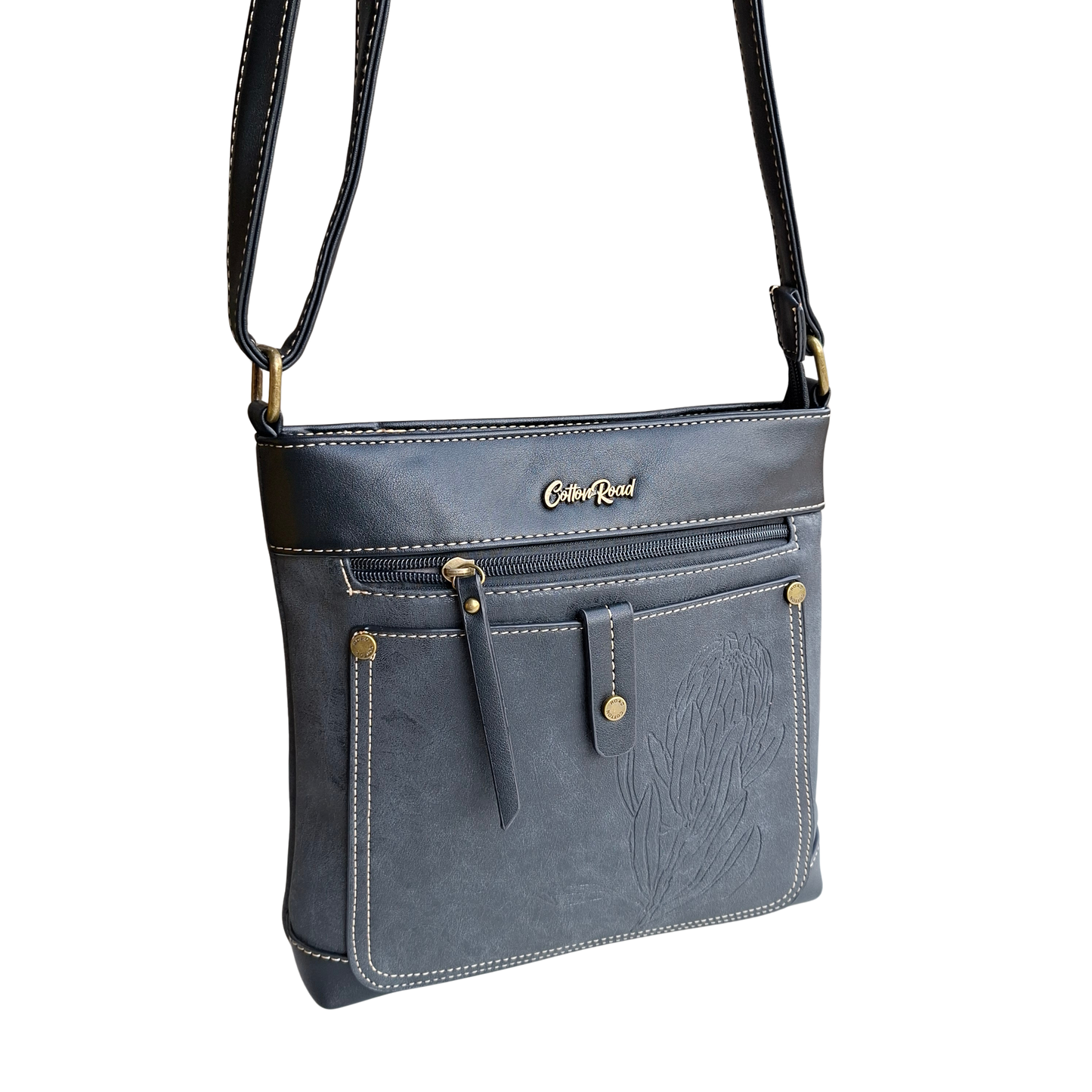 Cotton Road Sling Bag: BLACK PU Leather with Embossed Protea