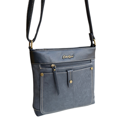Cotton Road Sling Bag: BLACK PU Leather with Embossed Protea