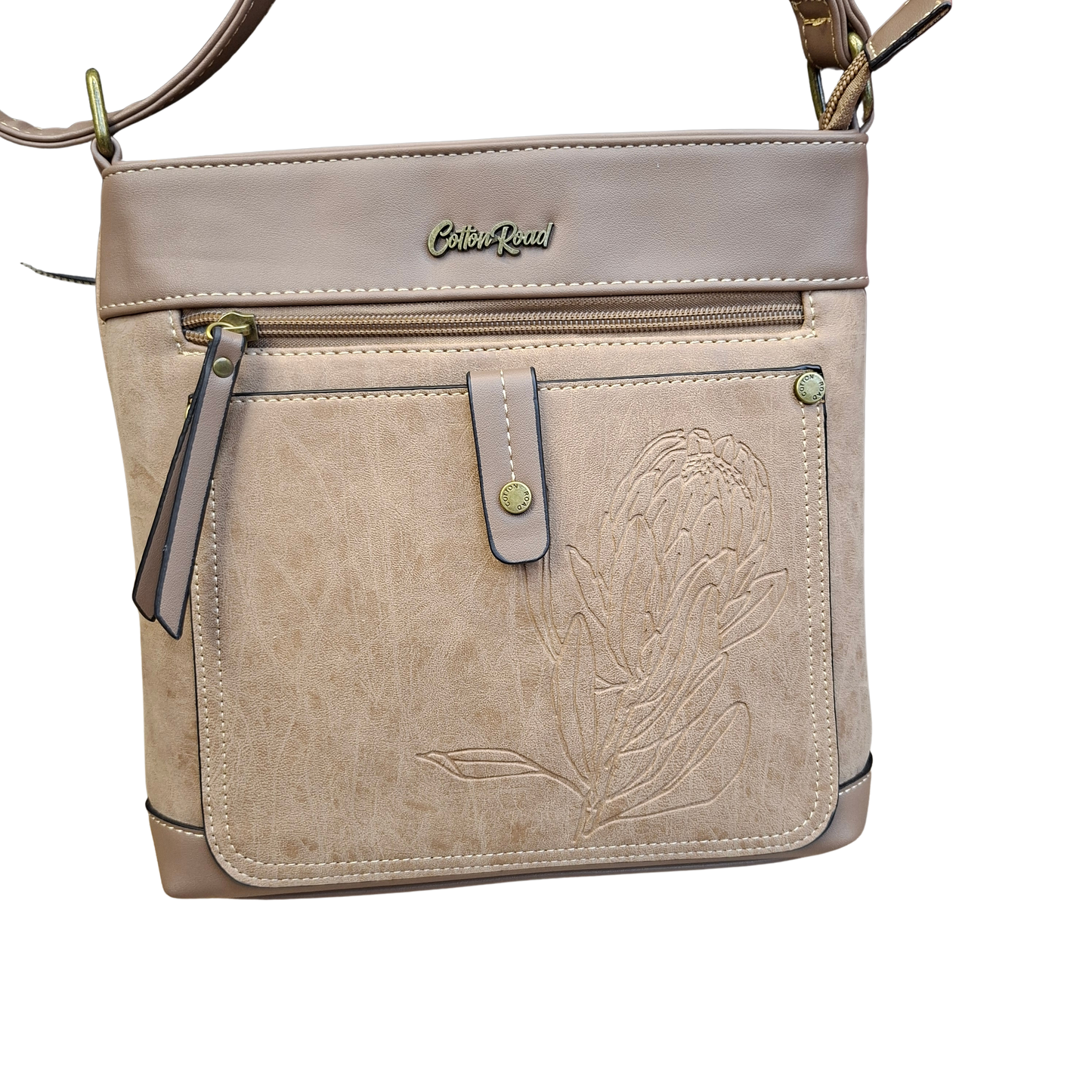 Cotton Road Sling Bag: KHAKI PU Leather with Embossed Protea