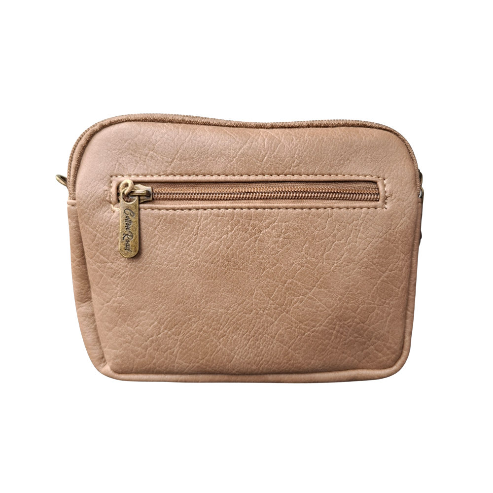 Cotton Road Khaki PU leather crossbody sling bag with a visible brand logo on a white background