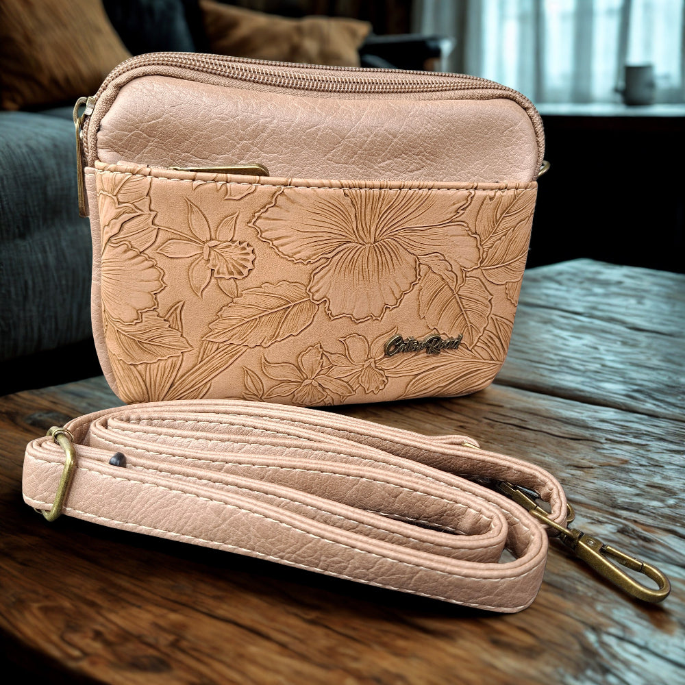Cotton Road Sling Bag: KHAKI PU Leather with EMBOSSED Flowers