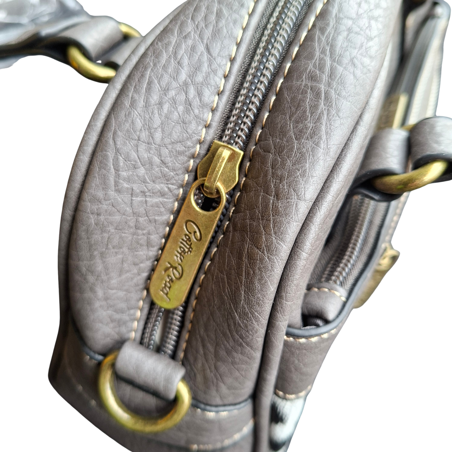 Cotton Road Handbag: GREY PU Leather Handbag with LEOPARD PRINT Panel
