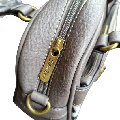 Cotton Road Handbag: GREY PU Leather Handbag with LEOPARD PRINT Panel