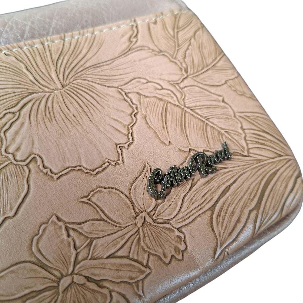 Cotton Road Sling Bag: KHAKI PU Leather with EMBOSSED Flowers