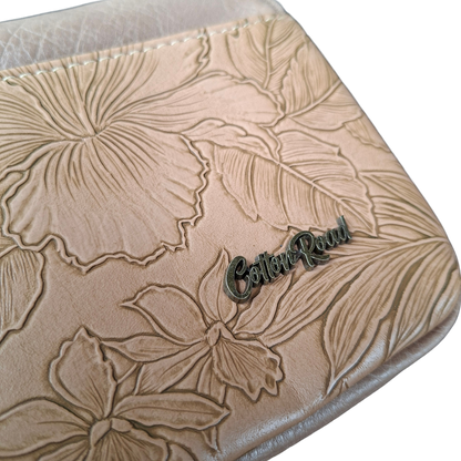 Cotton Road Sling Bag: KHAKI PU Leather with EMBOSSED Flowers