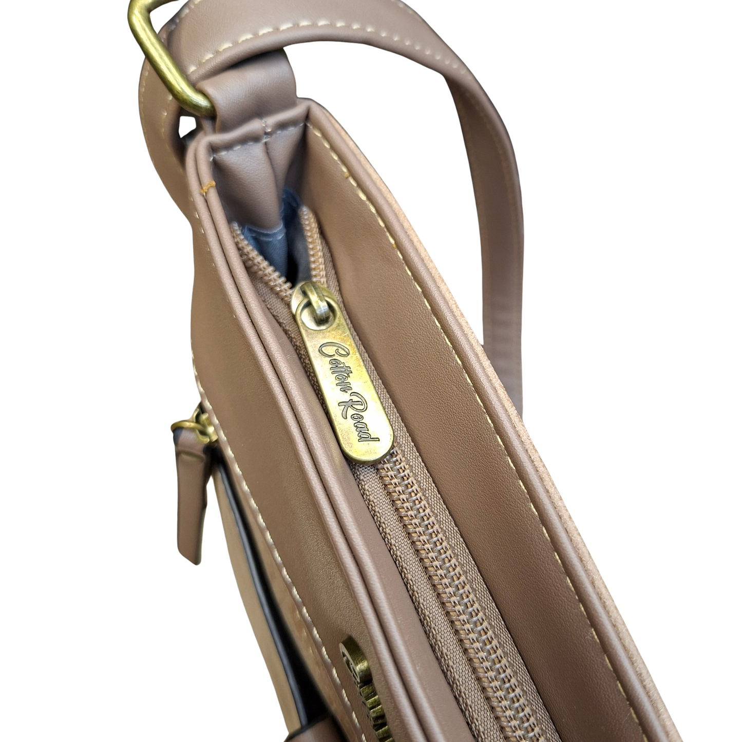 Cotton Road Sling Bag: KHAKI PU Leather with Embossed Protea