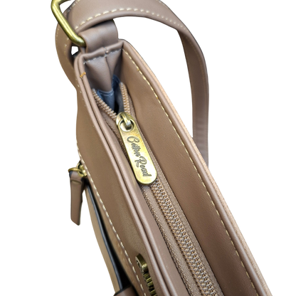 Cotton Road Sling Bag: KHAKI PU Leather with Embossed Protea