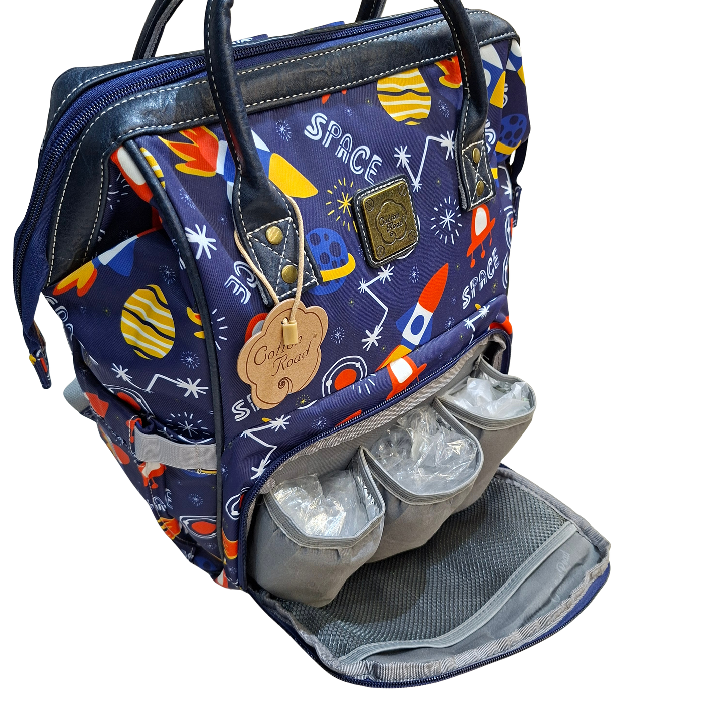 Cotton Road Baby Travel Backpack: BLUE PVC Nappy & Diaper Bag (Space Print)