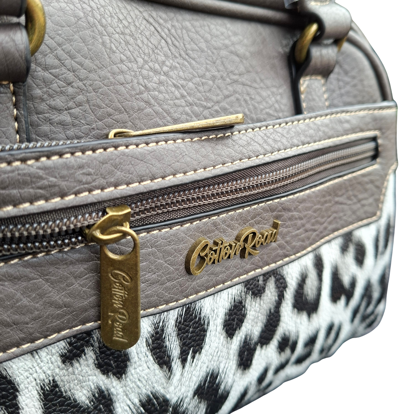 Cotton Road Handbag: GREY PU Leather Handbag with LEOPARD PRINT Panel