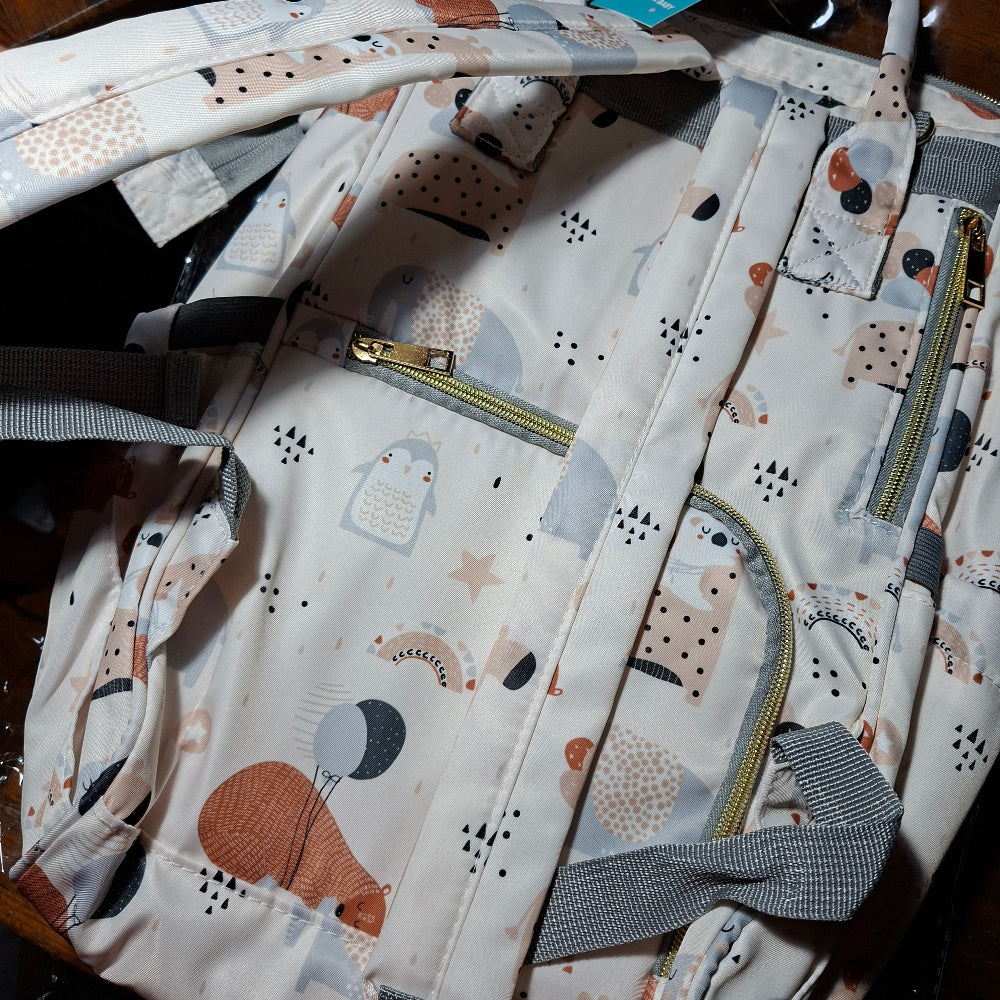 Beizhiyi Nappy Bag: CREAM PVC Baby Backpack with Twin Handles and ANIMAL PRINT