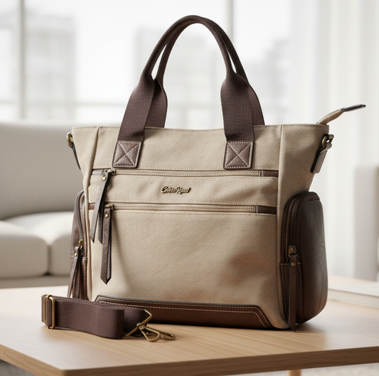 Cotton Road Handbag: KHAKI Canvas & PU Leather Multi-pocket Shoulder Bag