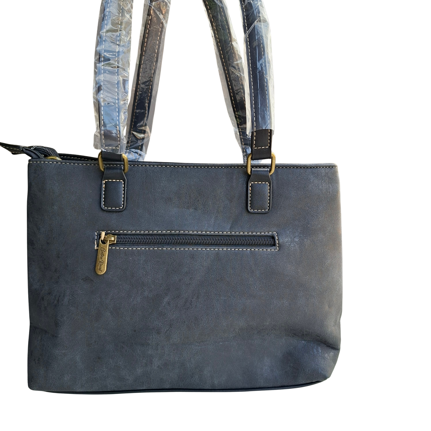 Cotton Road Handbag: BLACK PU Leather Double Compartment Handbag with EMBOSSED Protea
