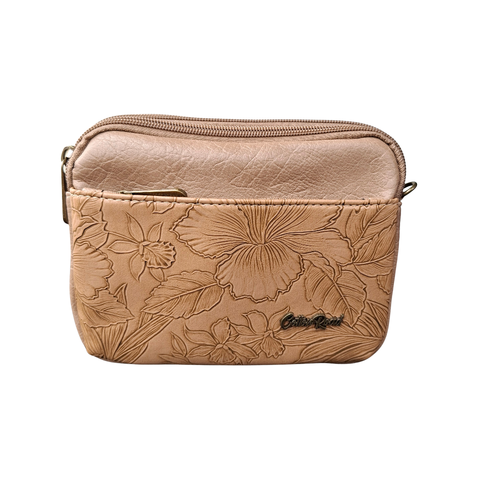 Cotton Road Sling Bag: KHAKI PU Leather with EMBOSSED Flowers