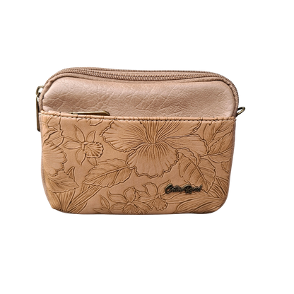 Cotton Road Sling Bag: KHAKI PU Leather with EMBOSSED Flowers