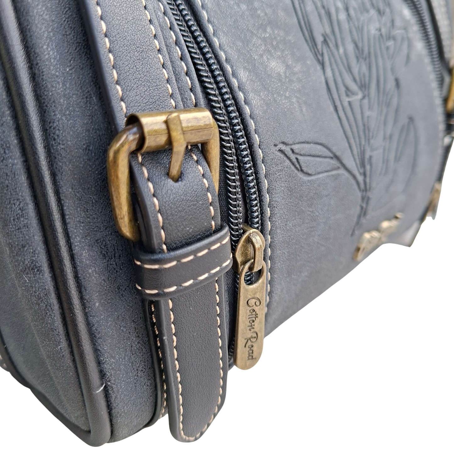 Cotton Road Sling Bag: BLACK PU Leather with Embossed PROTEA and BRANDED Strap
