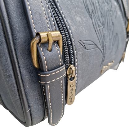 Cotton Road Sling Bag: BLACK PU Leather with Embossed PROTEA and BRANDED Strap