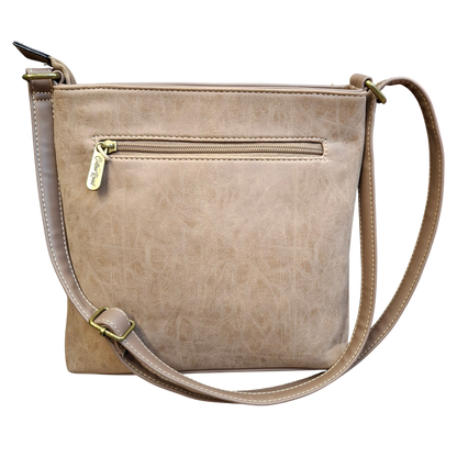 Cotton Road Sling Bag: KHAKI PU Leather with Embossed Protea