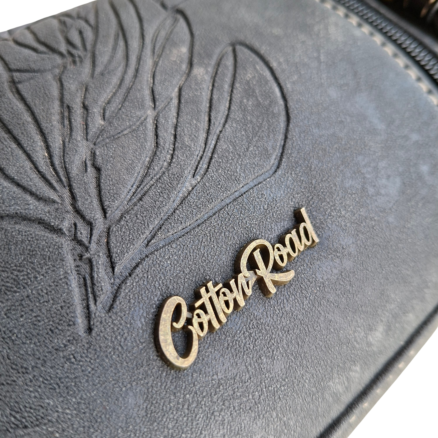 Cotton Road Sling Bag: BLACK PU Leather with Embossed PROTEA and BRANDED Strap