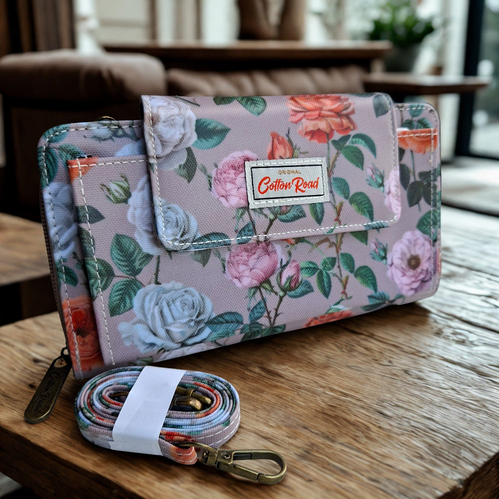 Cotton Road Sling Wallet: MAUVE PVC Horizontal Cellphone Sling with Froral Print and Tab Closure