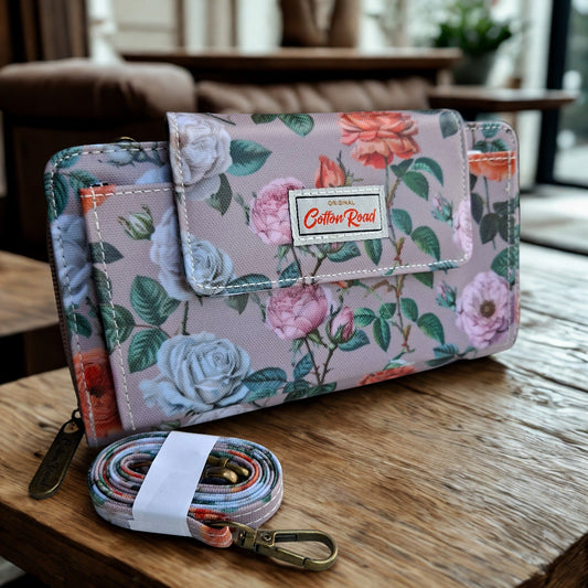 Cotton Road Sling Wallet: MAUVE PVC Horizontal Cellphone Sling with Froral Print and Tab Closure
