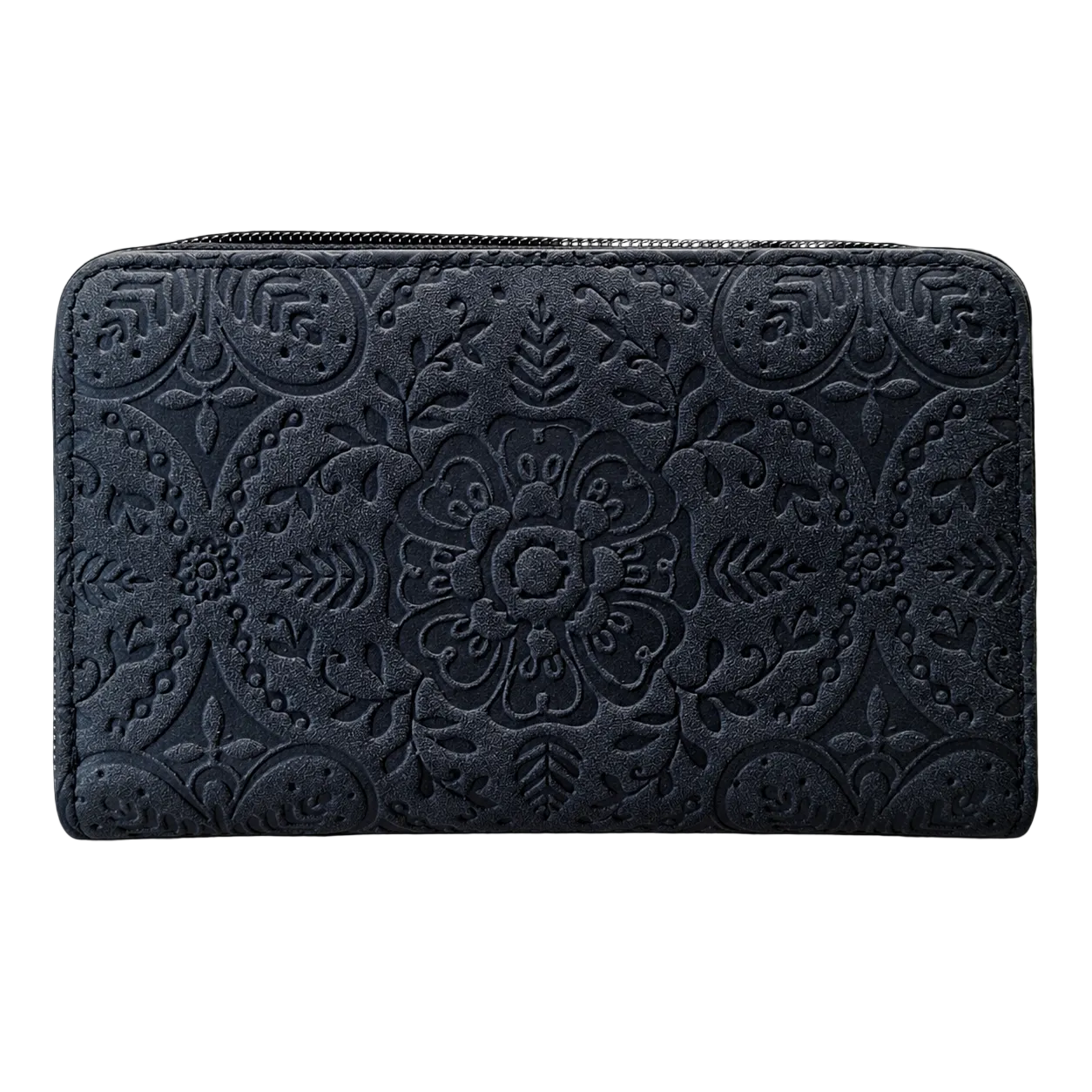 Cotton Road Wallet: Medium BLACK Suede-Style PU Leather with EMBOSSED Print