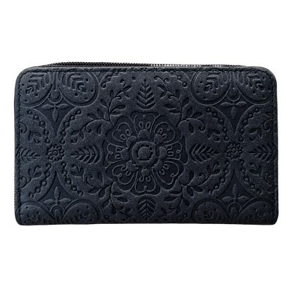 Cotton Road Wallet: Medium BLACK Suede-Style PU Leather with EMBOSSED Print