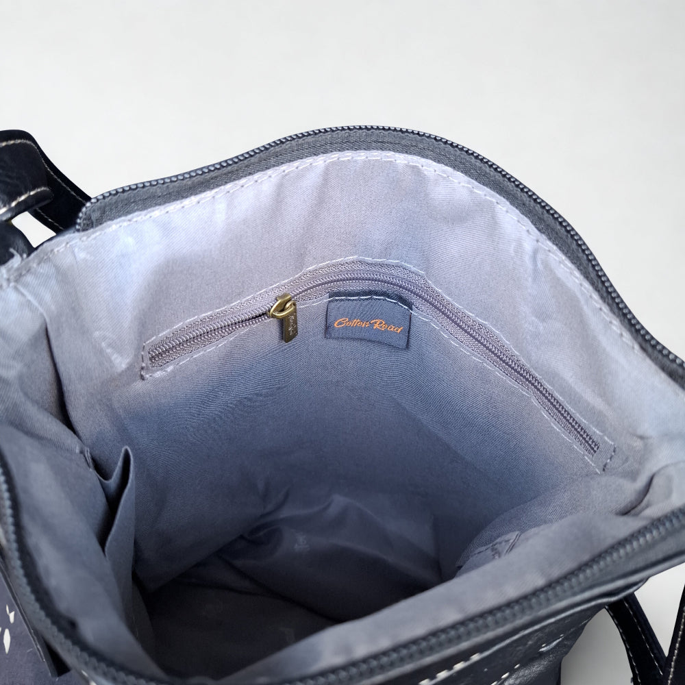 Cotton Road Sling Bag: BLACK PU Leather with Metal Zips