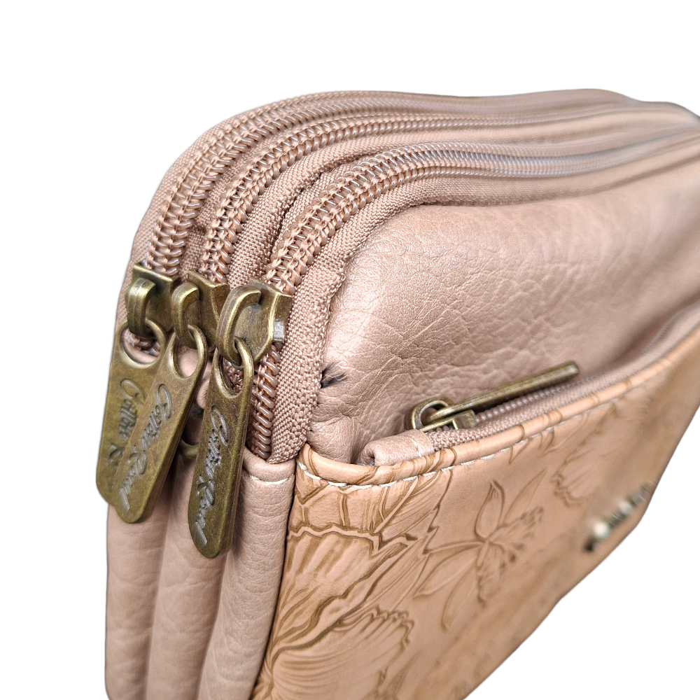 Cotton Road Sling Bag: KHAKI PU Leather with EMBOSSED Flowers
