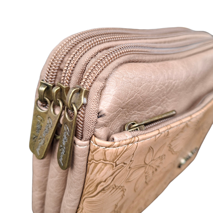 Cotton Road Sling Bag: KHAKI PU Leather with EMBOSSED Flowers