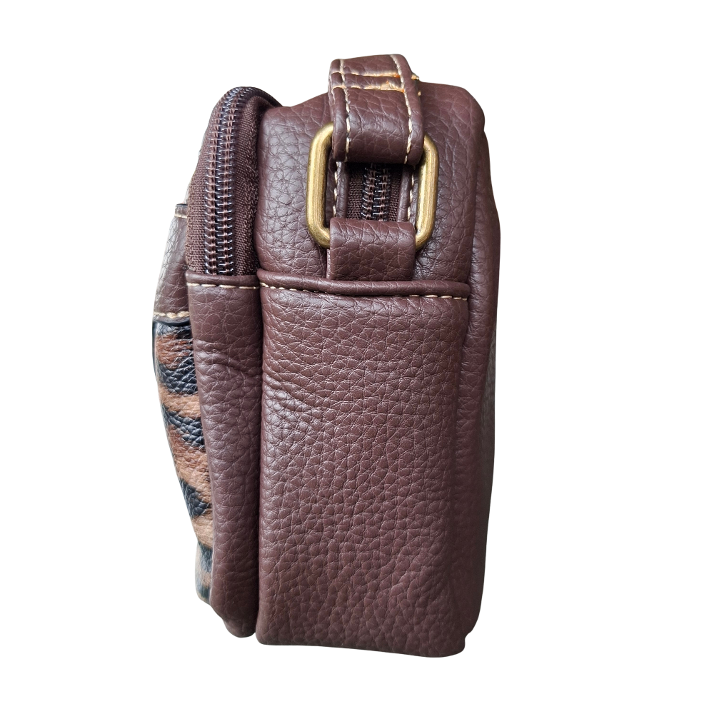 Cotton Road Sling Bag: COFFEE BROWN PU leather Crossbody with Leopard Print SIDE VIEW