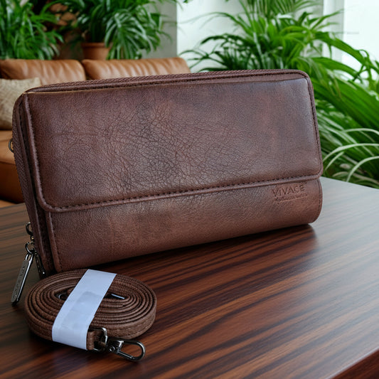 Vivace Sling Wallet: COFFEE BROWN PU Leather Horizontal Cellphone Sling