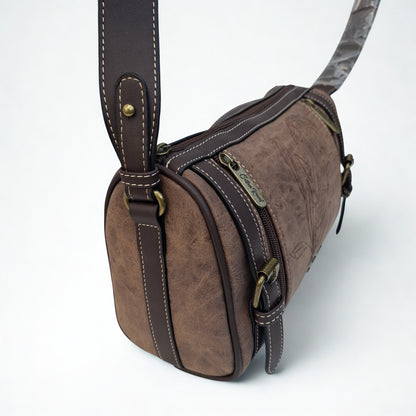 Cotton Road Sling Bag: COFFEE BROWN PU Leather Sling Bag with Protea detail