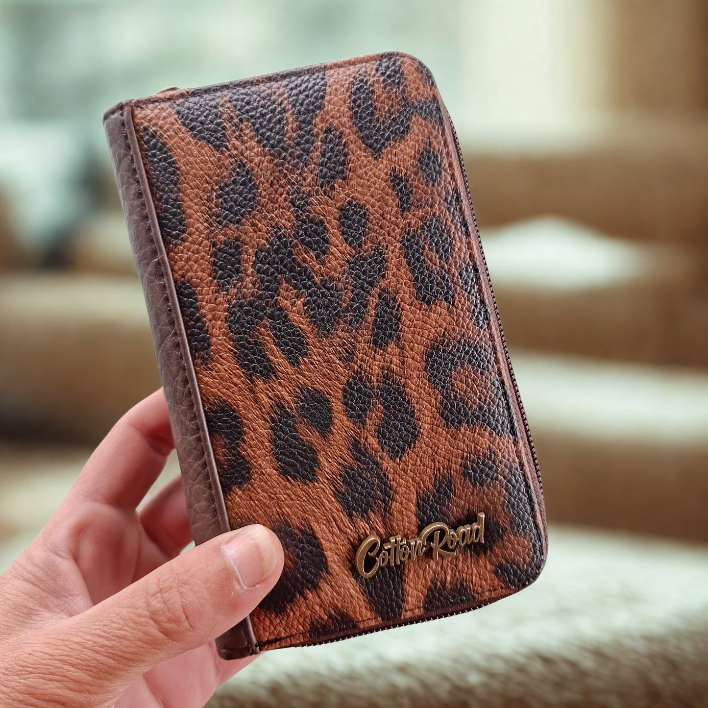 Cotton Road Wallet: Medium COFFEE BROWN PU Leather with LEOPARD Print