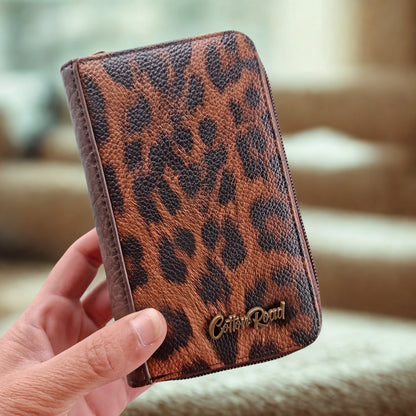 Cotton Road Wallet: Medium COFFEE BROWN PU Leather with LEOPARD Print