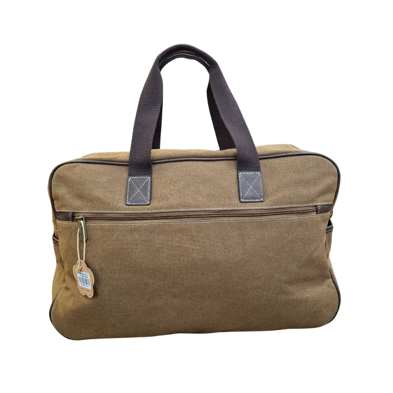 Cotton Road Travel Bag: BROWN Canvas bag with PU Leather Trim BACK