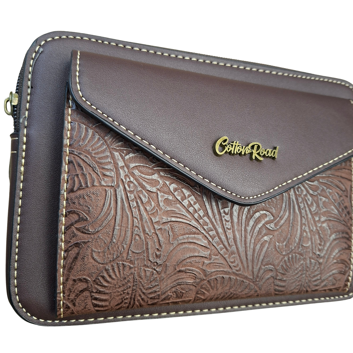 Cotton Road Sling Bag: COFFEE BROWN PU Leather Crossbody with Embossed Vine Pattern