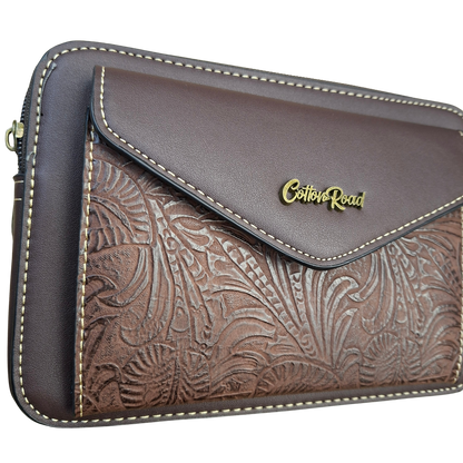 Cotton Road Sling Bag: COFFEE BROWN PU Leather Crossbody with Embossed Vine Pattern