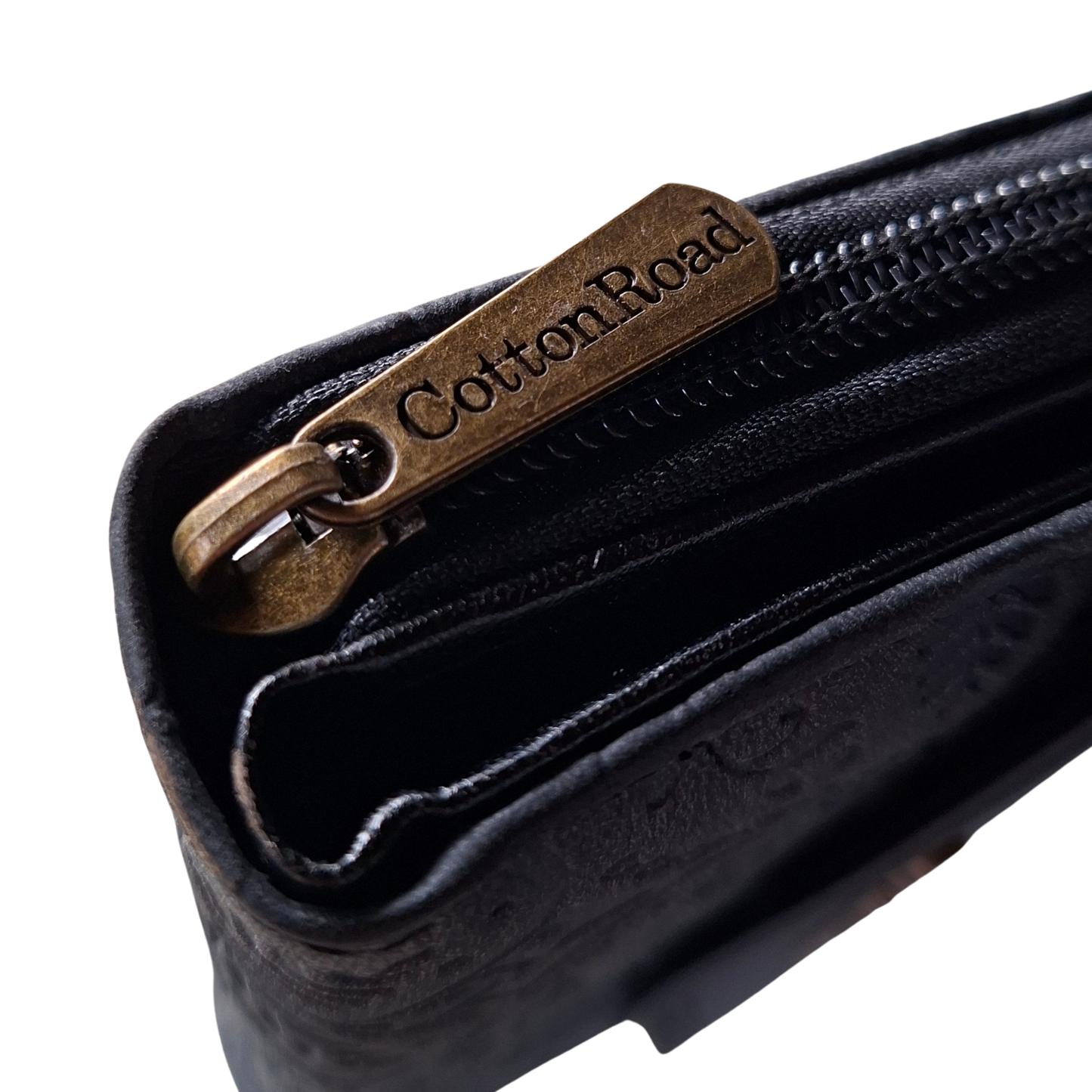 Cotton Road Wallet: Medium BLACK Suede-Style PU Leather with EMBOSSED Print