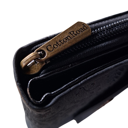 Cotton Road Wallet: Medium BLACK Suede-Style PU Leather with EMBOSSED Print