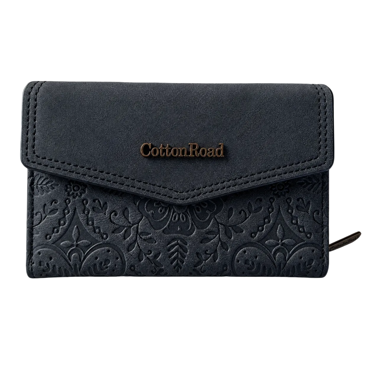 Cotton Road Wallet: Medium BLACK Suede-Style PU Leather with EMBOSSED Print