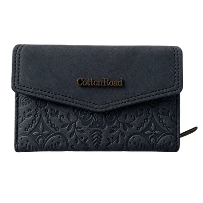 Cotton Road Wallet: Medium BLACK Suede-Style PU Leather with EMBOSSED Print