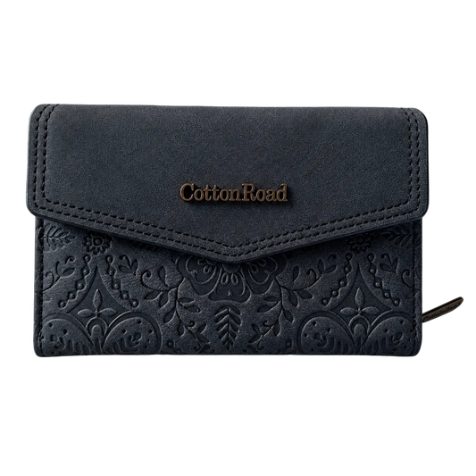 Cotton Road Wallet: Medium BLACK Suede-Style PU Leather with EMBOSSED Print