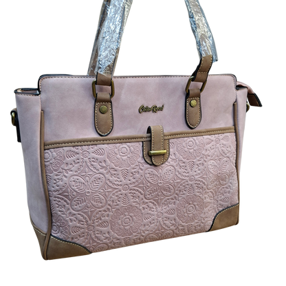 Cotton Road Handbag: PINK PU Leather with Embossed Pattern
