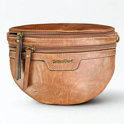 Cotton Road Sling Bag: BROWN PU Leather Crossbody Bag with Woven Strap