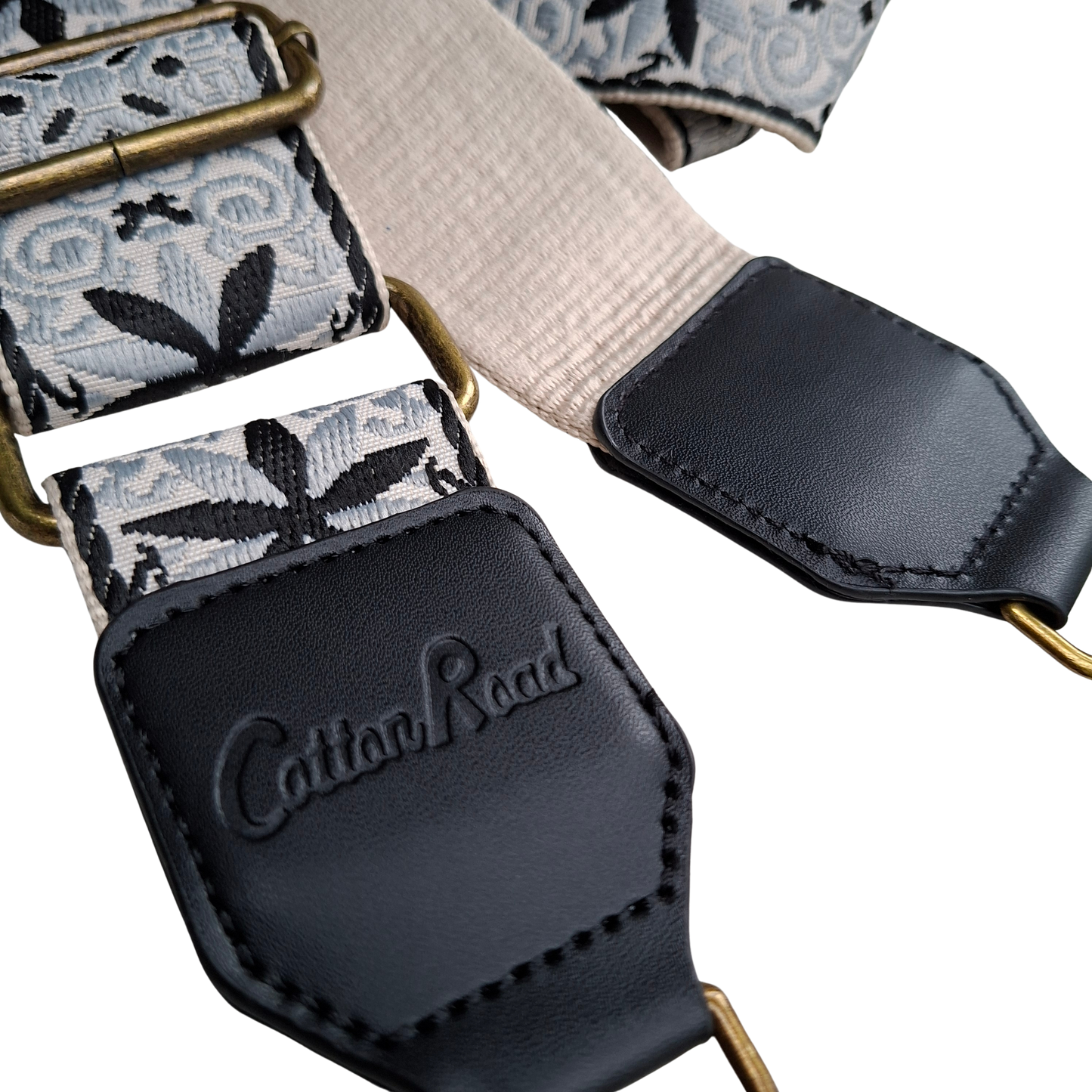 Cotton Road Adjustable Bag Strap: WHITE & BLACK Pattern with Logo Detail