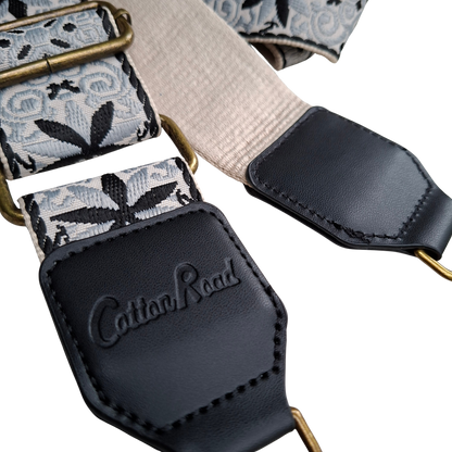 Cotton Road Adjustable Bag Strap: WHITE & BLACK Pattern with Logo Detail