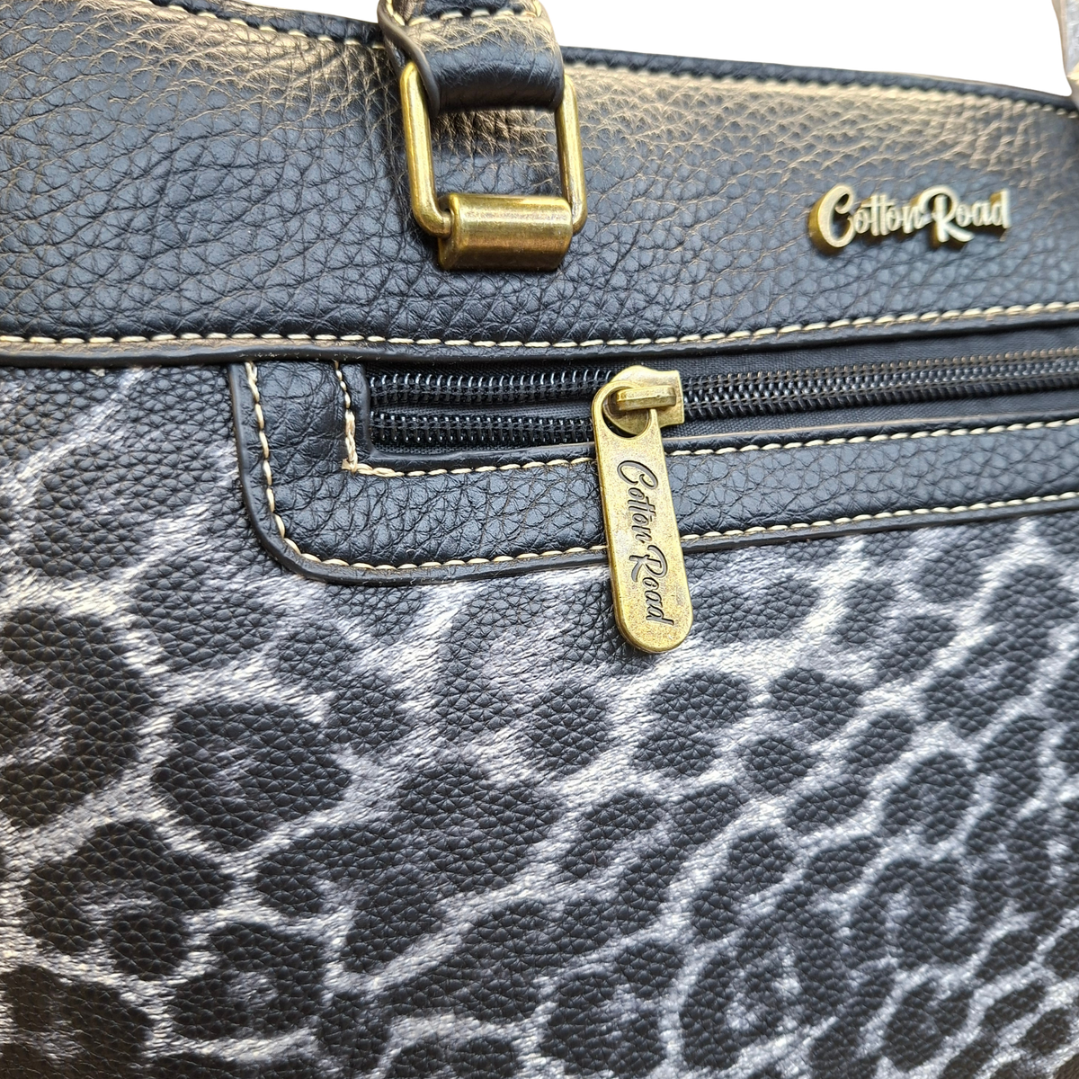 Cotton Road Handbag: BLACK PU Leather Trapeze Tote with LEOPARD PRINT