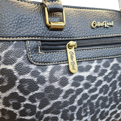 Cotton Road Handbag: BLACK PU Leather Trapeze Tote with LEOPARD PRINT
